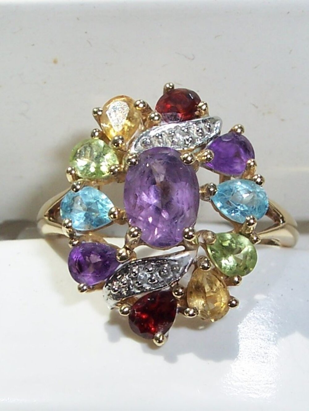 10K Yellow Gold Multi Gemstone Ring Amethyst Garnet Topaz, Peridot Citrine Sz 7